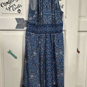 London Times Navy and White Geometric Midi Dress